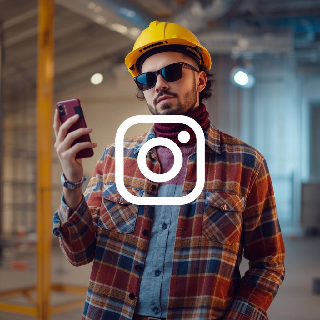construction Instagram influencer with mobile in hand and Instagram logo